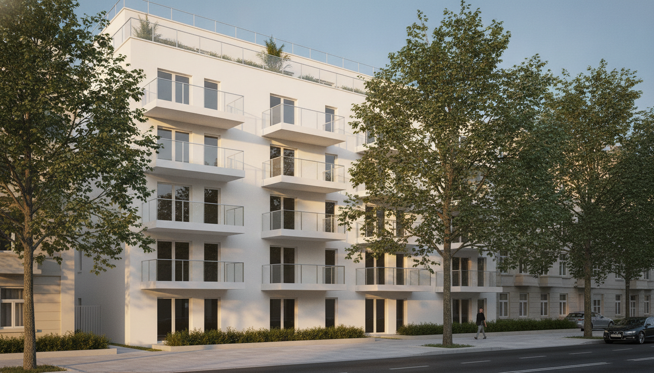 Perspective photoréaliste d'une petite résidence neuve de cinq étages à façade blanche avec balcons vitrés, au coucher du soleil