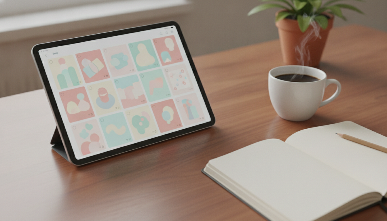 Tablette affichant des modèles de publications illustrées posée sur un bureau avec un carnet et un café