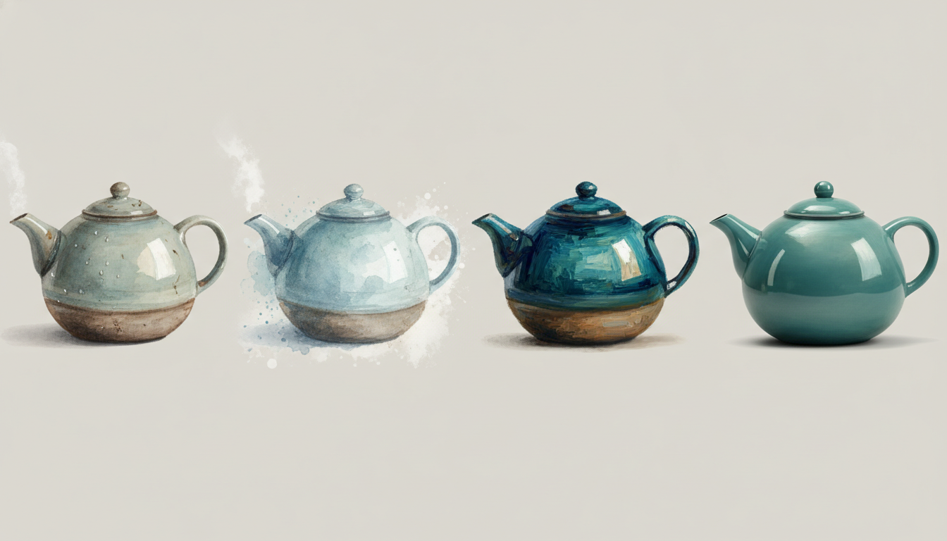 Dasselbe Motiv einer Teekanne viermal nebeneinander in Fotostil, Aquarell, Ölgemälde und 3D-Render