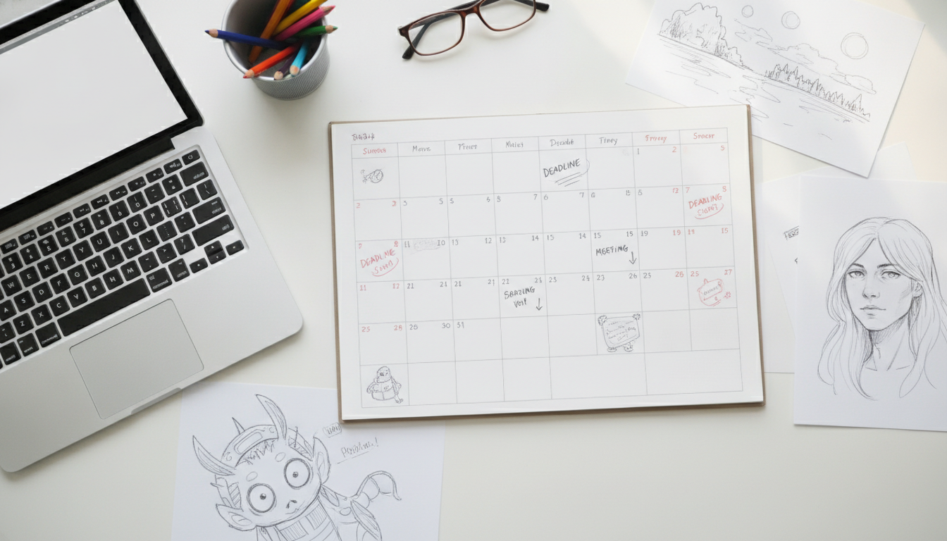 Bureau avec un calendrier mensuel annoté, un ordinateur et des croquis d'illustrations