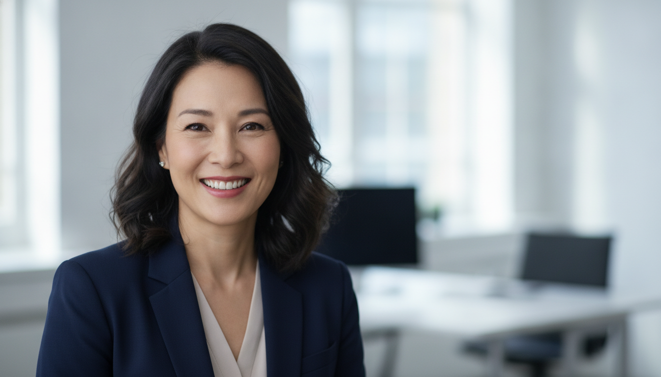 Portrait professionnel d'une femme souriante en blazer devant un fond de bureau épuré et lumineux