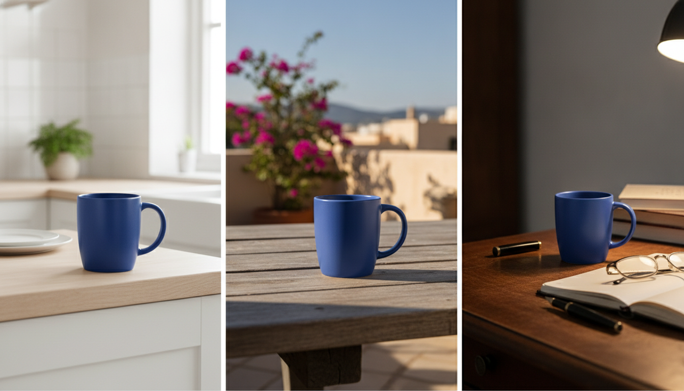 Mug en céramique placé dans trois ambiances différentes générées par IA