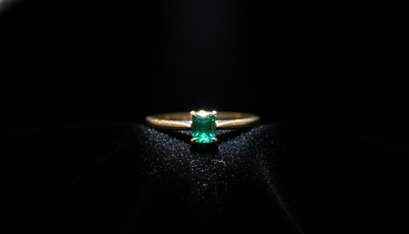 Bague en or sertie d'une émeraude sur du velours noir éclairée par un spot