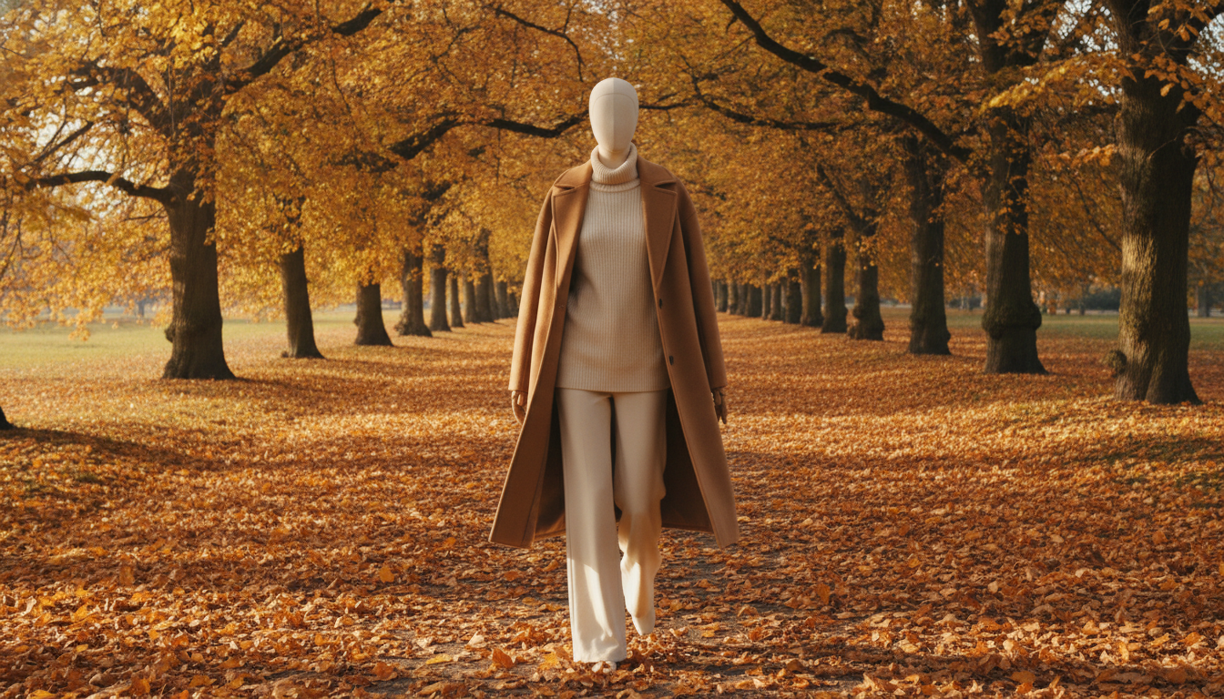 Manteau camel et pull col roulé portés dans un parc en automne, ambiance lookbook