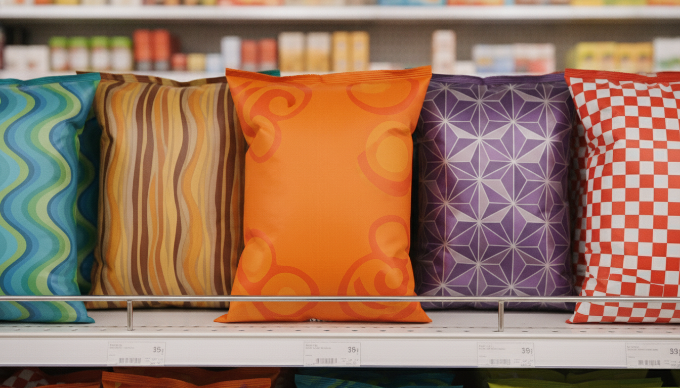 Mehrere Snackverpackungen in unterschiedlichen Designs nebeneinander auf einem Supermarktregal