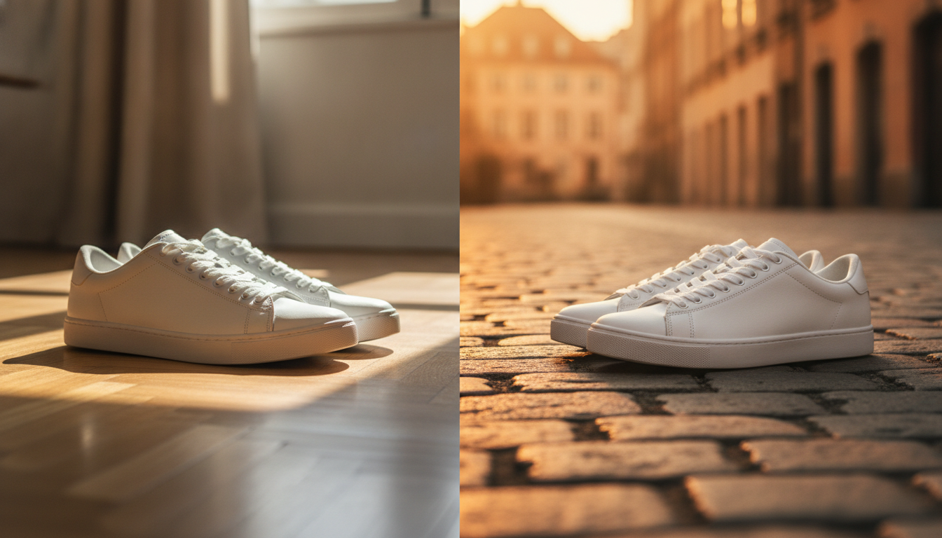 Avant et après d'une paire de baskets détourée puis placée sur un fond urbain