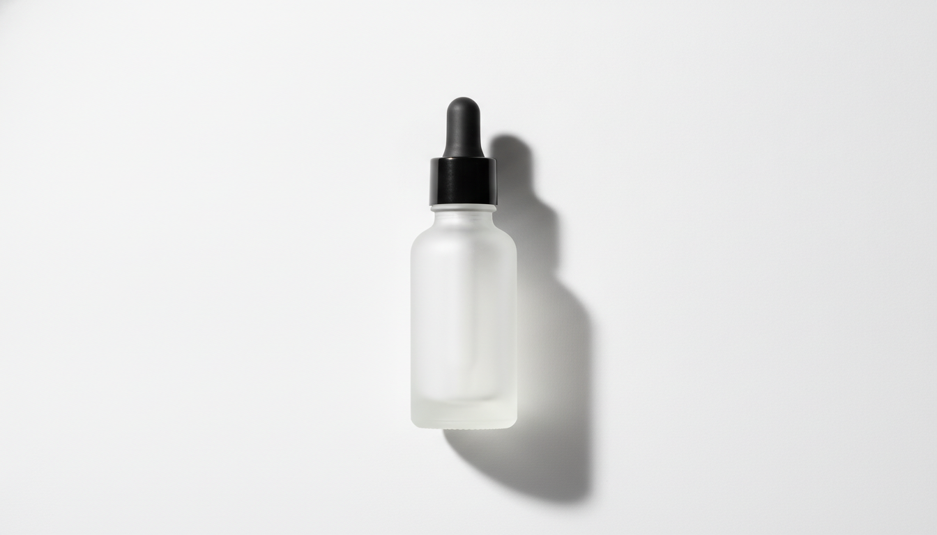 Frosted glass serum bottle with a black dropper cap on a white background