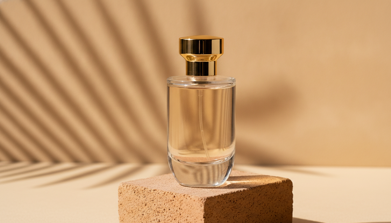 Frasco de perfume de vidro sobre um bloco de terracota com sombras de folhas de palmeira