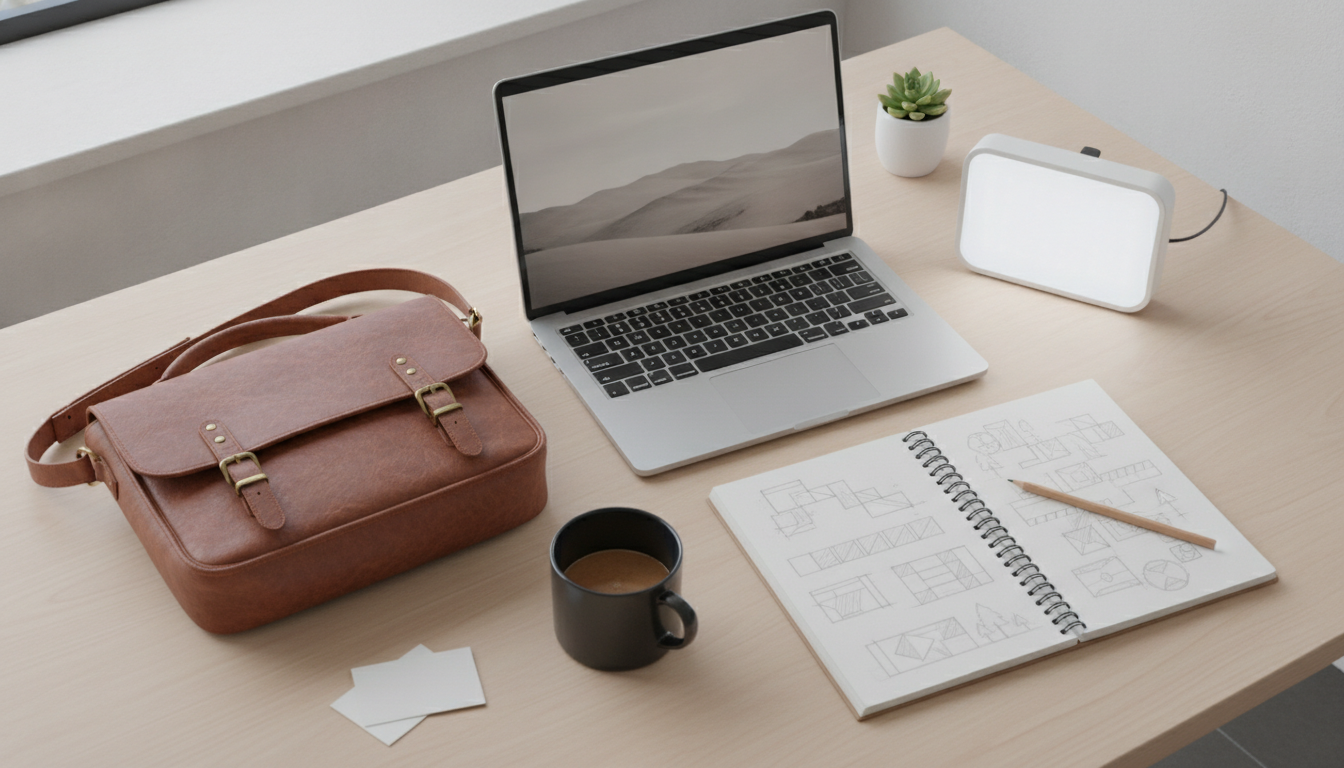 Laptop auf einem Schreibtisch neben einem Produkt, einer Softbox-Lampe und einem Notizbuch mit Skizzen