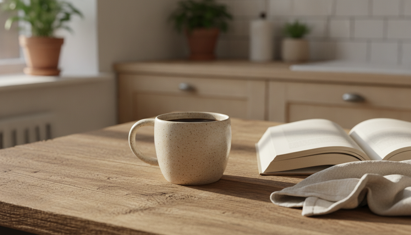 Handmade ceramic mug of coffee on an oak table next to an open book