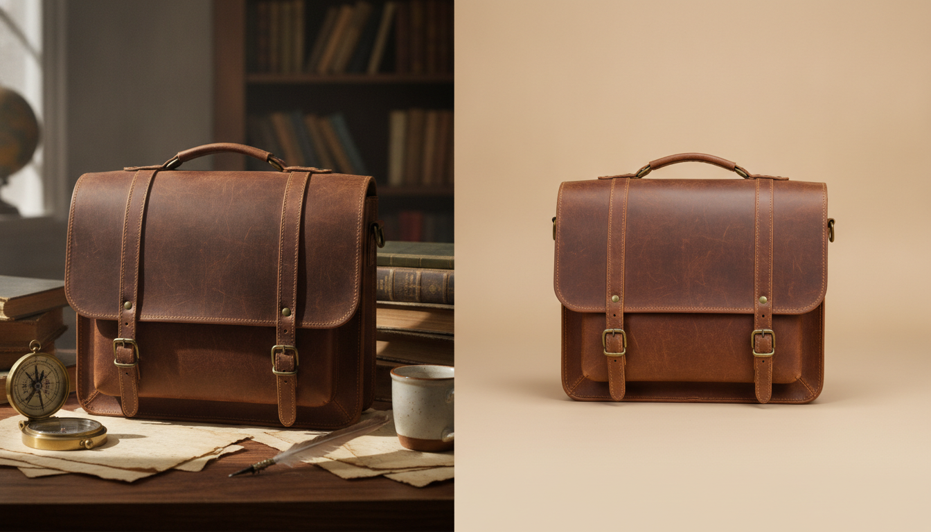 Avant/après d'une photo de sac en cuir, fond encombré puis fond uni lumineux
