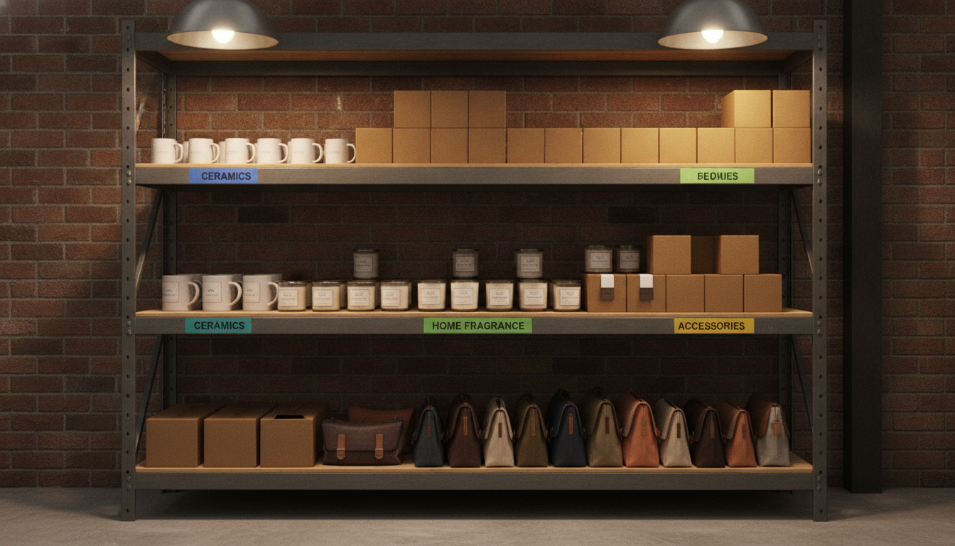 Shelving unit with colour-coded labelled boxes and online shop products arranged by category