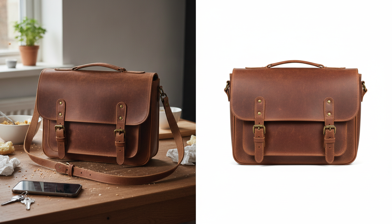 Vorher-nachher-Vergleich einer Ledertasche, links auf unruhigem Küchentisch, rechts freigestellt vor reinweißem Hintergrund