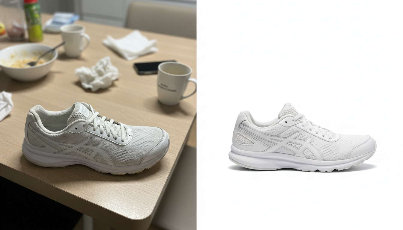 Antes e depois de um tênis esportivo, primeiro em foto caseira sobre uma mesa e depois sobre fundo branco de estúdio