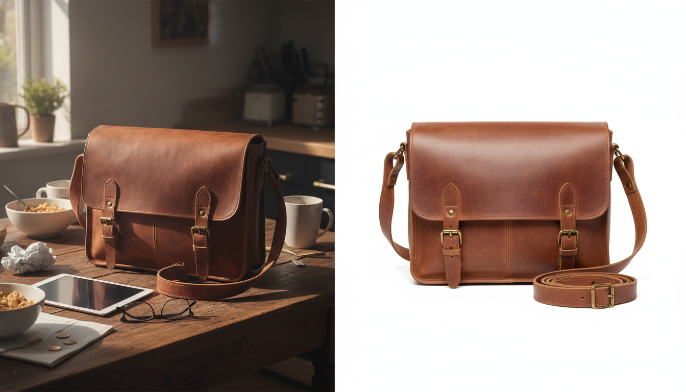 Vorher-Nachher einer Ledertasche: links auf unruhigem Küchentisch, rechts freigestellt vor reinweißem Hintergrund