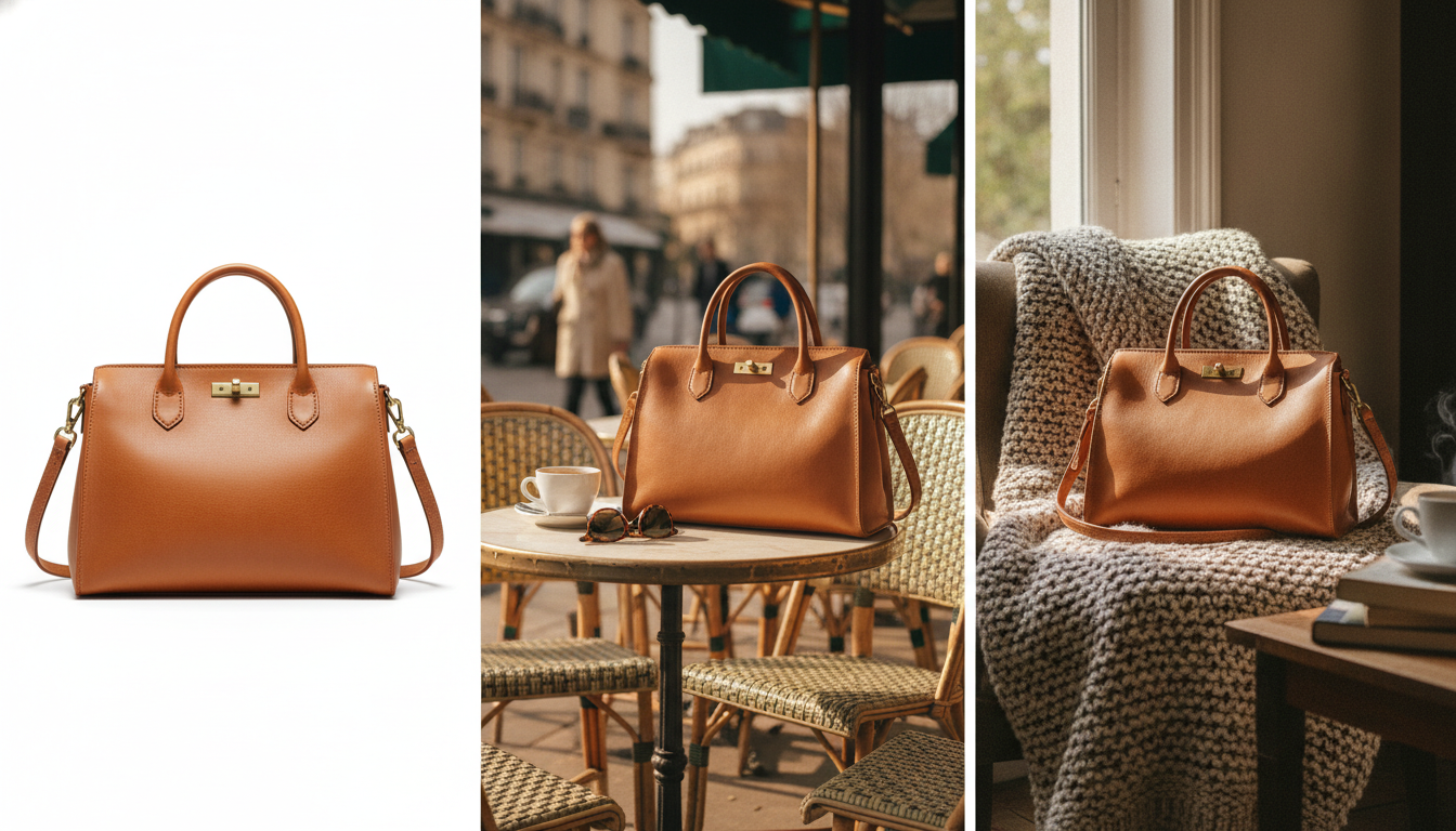 Sac à main en cuir photographié dans trois décors différents posés côte à côte