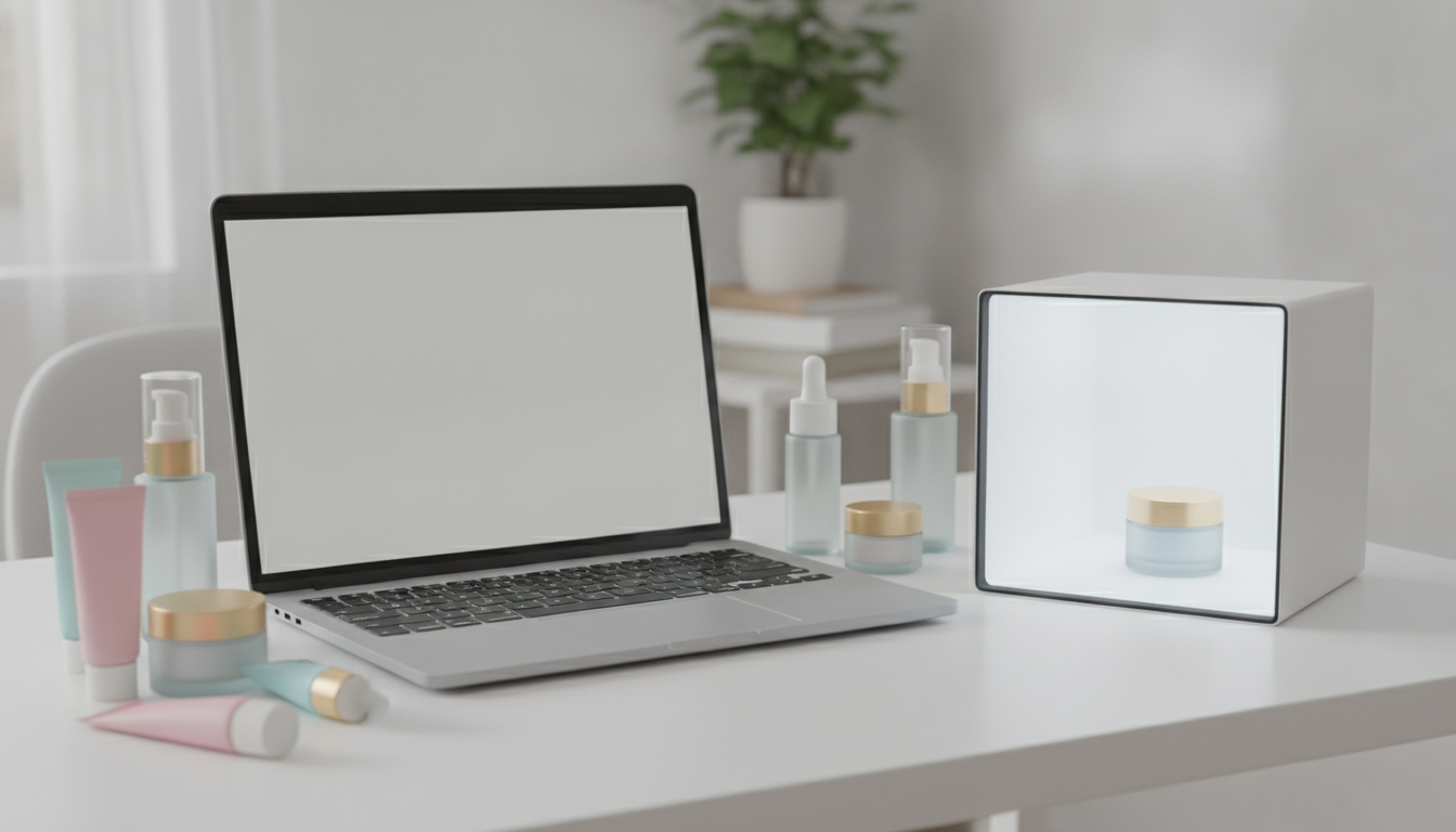 Ordenador portátil sobre un escritorio junto a varios productos de cosmética listos para fotografiar