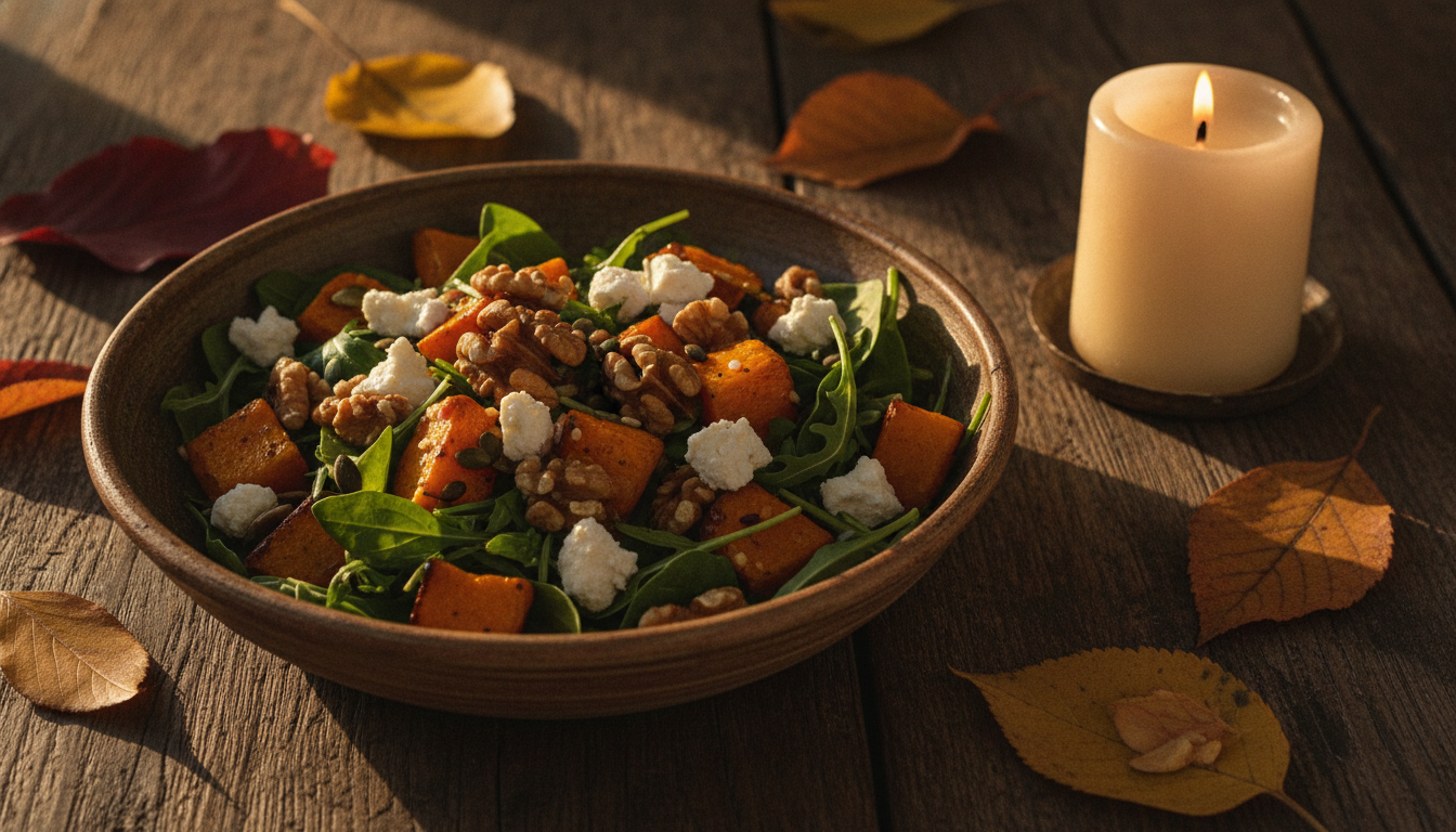 Herbstlicher Salat mit Kürbis auf einem Holztisch mit Laub und Kerzen
