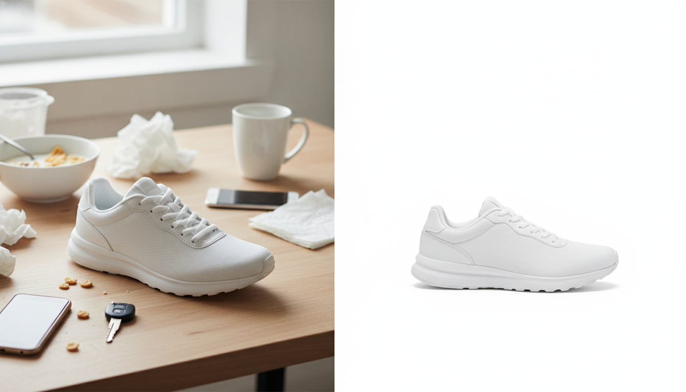 Before and after of a trainer: on the left sitting on a kitchen table, on the right cut out on a white background